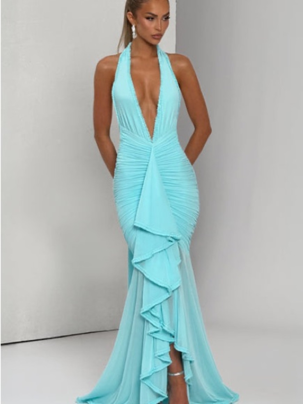 New! Babyboo Janessa Aqua Plunging Halter Maxi Dress in Aqua XS